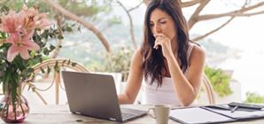 A woman checks the possibilities of her bonus plan